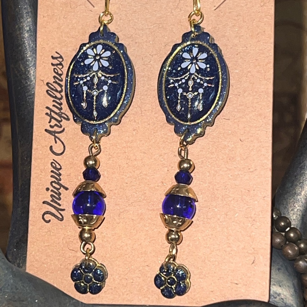 Blue and Gold Dangle Earrings